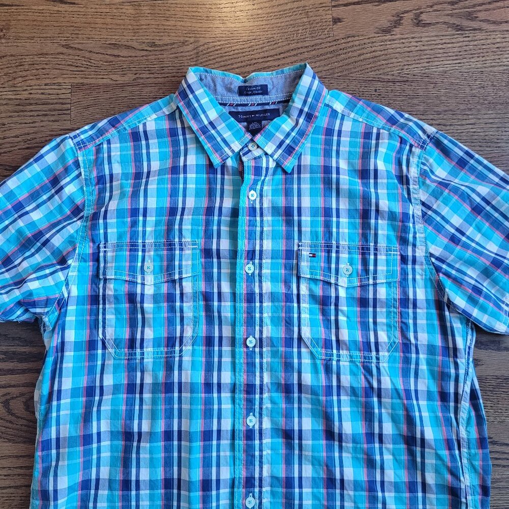 Tommy Hilfiger Plain Blue Short Sleeve Button Down Shirt Large L